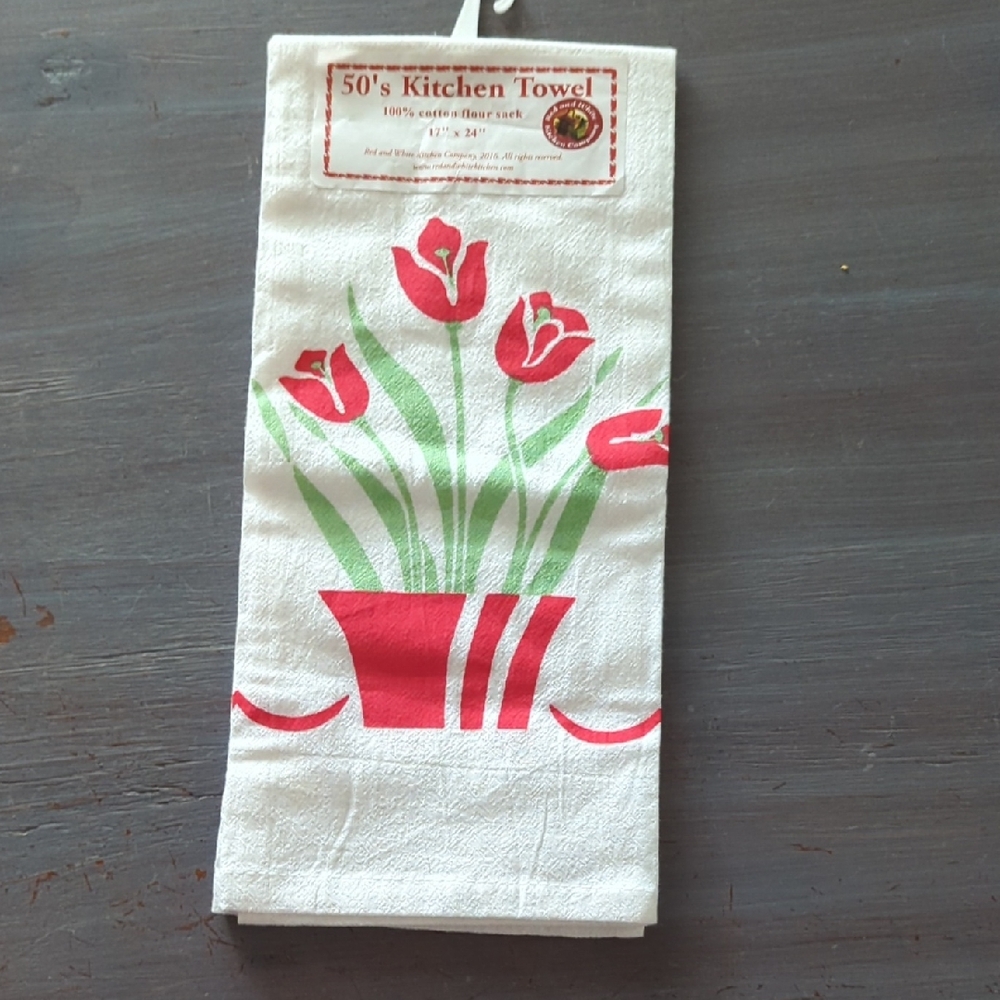 -50's  White with Red Tulip Design Kitchen Towel + Free Used. FIRM